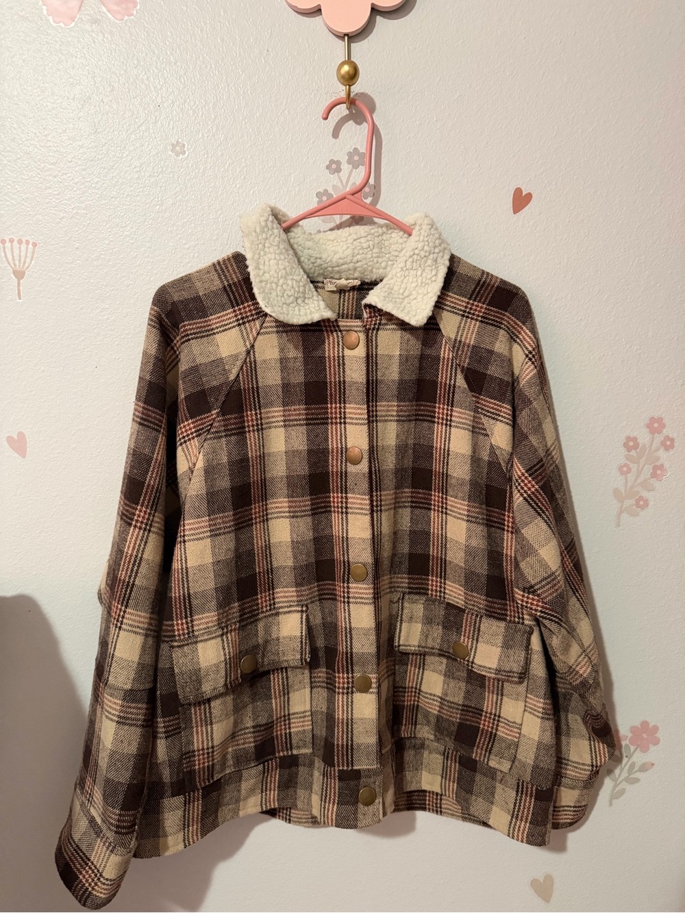 Plaid Sherpa Collar Teddy Jacket - Cream & Brown